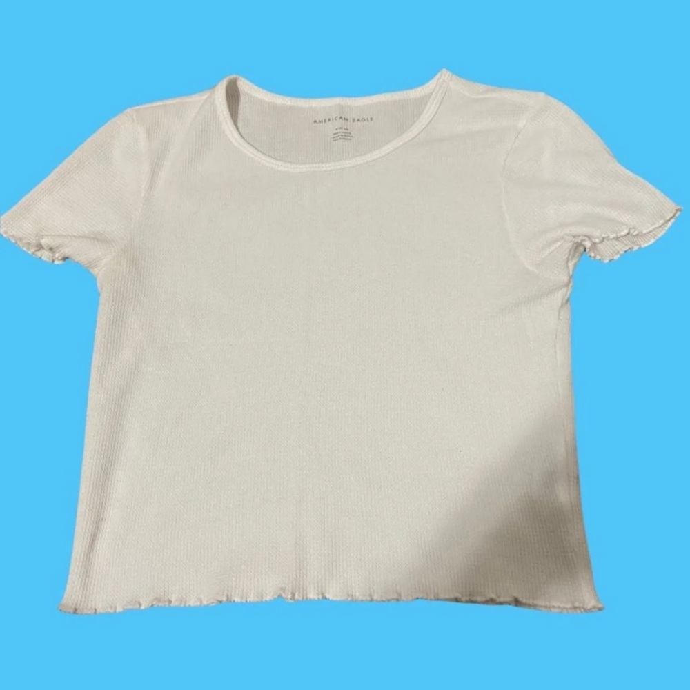 American Eagle White Lettuce Hem Short Sleeve Crop Top Size Small Basic